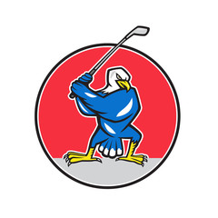 Wall Mural - Illustration of a blue American bald eagle golfer with golf club teeing off set inside circle on isolated background done in cartoon style.