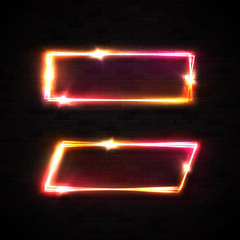 Wall Mural - neon frame set on black brick wall. geometric shape marquee sign. electric led line square banners. 