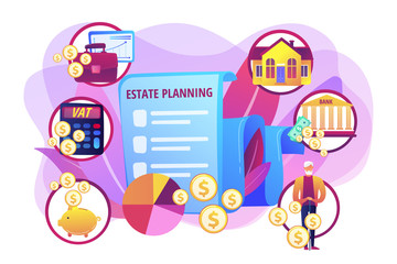 Wall Mural - Financial analysis and budgeting. Property taxes and expenses. Estate planning, real estate assets control, keep documents in order concept. Bright vibrant violet vector isolated illustration