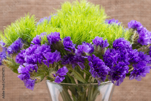 Green Ball Dianthus Barbatus Sweet William And Dark Purple Statice Limonium Sinuatum Flowers On Natural Burlap Purple And Green Bouquet Fillers Stock Photo Adobe Stock