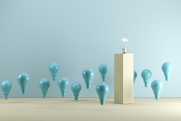 Wall Mural - A Light bulb stands on top of a pedestal surrounded by blue light bulbs floating on floor. Creative Idea concept. 3d render.
