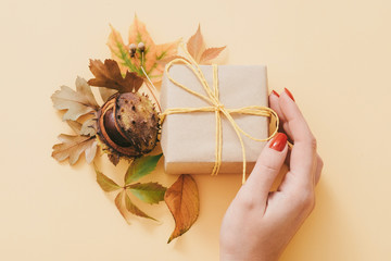 Wall Mural - Autumn decoration. Woman hand holding paper gift box adorned with fall leaves and chestnut. Pastel peach background.