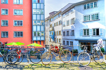 Wall Mural - Bicycles parked on the street in the old town of Zurich, Switzerland