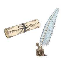 A Sketch Of A Quill Pen And Inkwell. A Scroll Of Old Paper In Vintage Style. Vector Illustration
