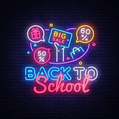 Wall Mural - Back to School Vector, discount sale concept illustration in neon style, online shopping and marketing concept. Neon luminous signboard, bright banner, light advertisement