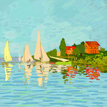 Digital Reproduction Of The Painting "Regatta In Argenteuil" By Claude Monet (1872). Impressionism Style. Vector.