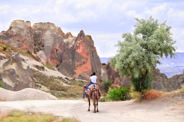 Sticker - Tourists ride a camel, Pasabag Valley, Cappadocia, Turkey