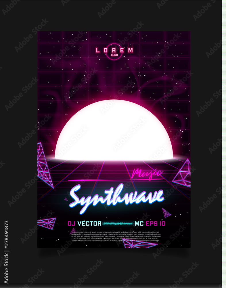 Retrowave vaporwave synthwave poster. Sunset laser grid landscape with ...