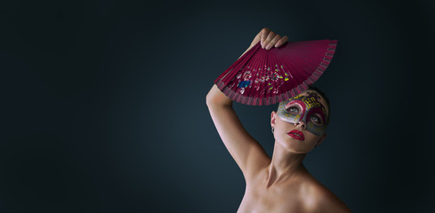 Sticker - Woman wearing venetian masquerade carnival mask