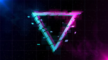 Synthwave Vaporwave Retrowave Glitch Triangle With Blue And Pink Glows With Smoke And Particles On Laser Grid Space Background. Design For Poster, Cover, Web, Banner, Wallpaper.