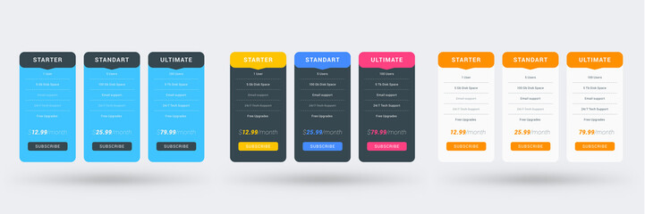 Wall Mural - pricing table color variations. pricing plans template for websites and applications. vector illustr