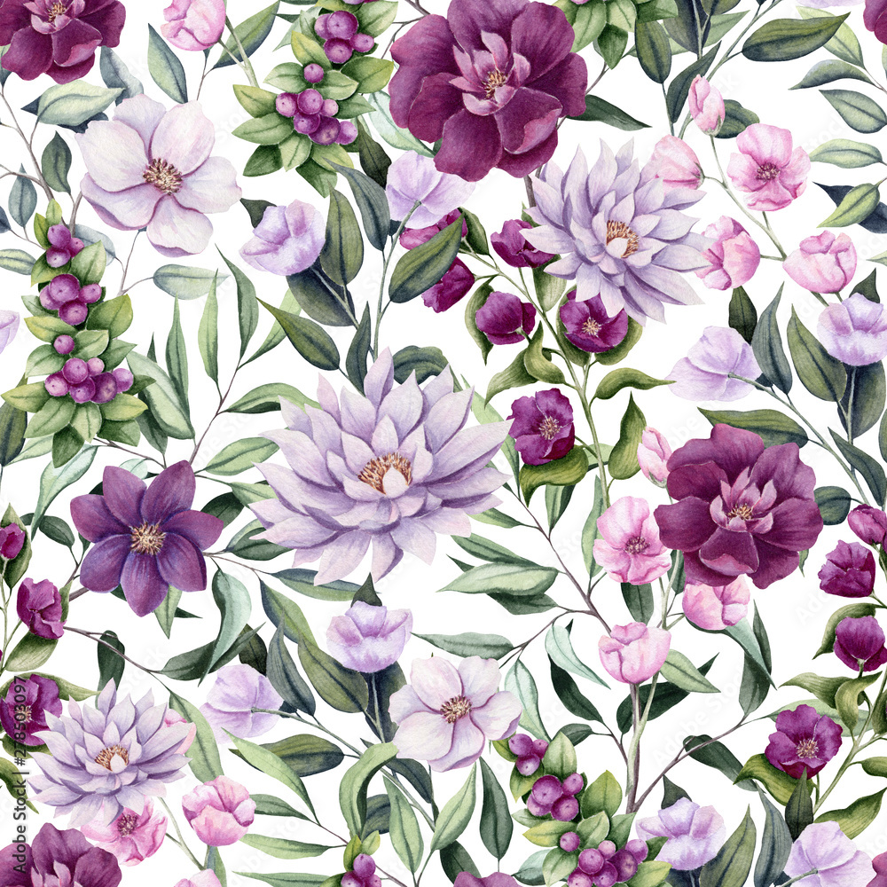 Seamless Pattern of Watercolor Flowers, Berries and Leaves Stock ...