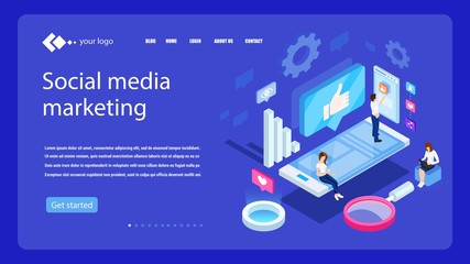 Isometric concept. Social media marketing. E-marketing, digital marketing.Analytics, strategy, mechanism of work. Campaign