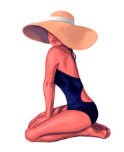 Realistic Digital Drawing Girl In A Bathing Suit And Hat. Illustration Of Beautiful Women On The Beach Isolated On White. Elements For Summer Design And Postcards.