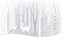 Winter Season Landscape And Christmas Day Concept With Deer Wildlife In Forest Background Paper Art Style.Vector Illustration.