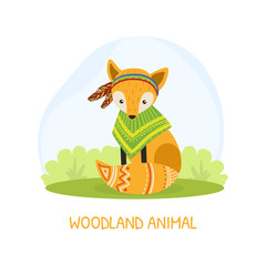 Sticker - Woodland Animal Banner Template with Cute Ethnic Fox Animal Vector Illustration