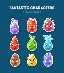 Sticker - Fantastic Characters Stickers Set, Cute Funny Fantasy Colorful Creatures Vector Illustration