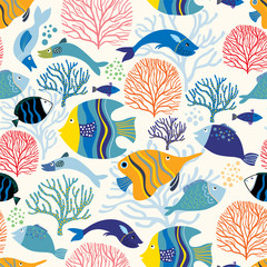 Seamless pattern with different colorful  fish on white background