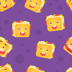 Wall Mural - Funny Smiling Sandwich Character Seamless Pattern, Childish Design Element Can Be Used for Wallpaper, Packaging, Background Vector Illustration