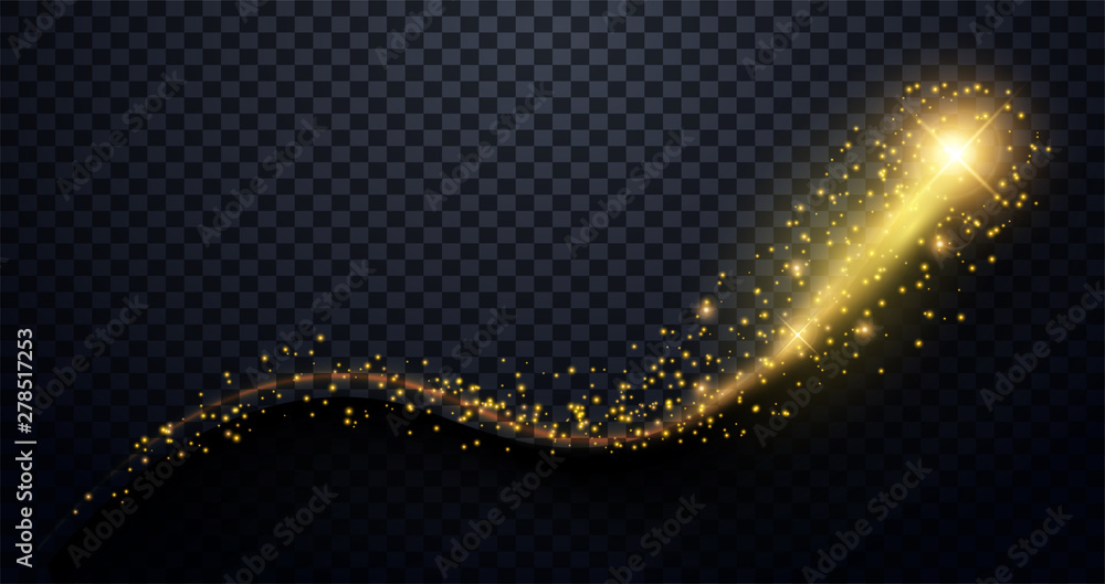 Golden particles wave. Sparkle stardust. Golden glittering magic vector waves with gold particles isolated on black background. Vector illustration - obrazy, fototapety, plakaty 