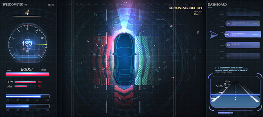 Wall Mural - Automatic braking system avoid car crash from car accident. Concept for driver assistance systems. Autonomous car. Driverless car. Self driving vehicle. Future concepts smart auto. HUD, GUI, hologram