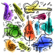 © mspoint - Hand drawn set of music instruments. Ink style vector illustration with watercolor stains on white background.