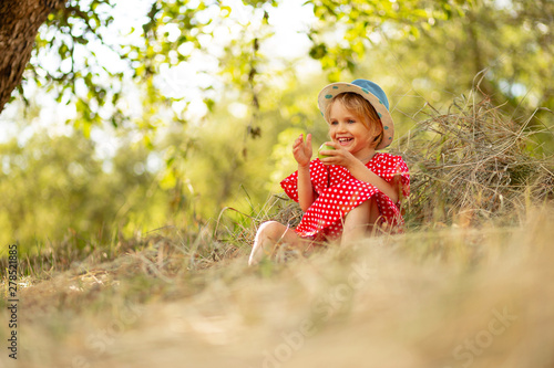 Little Girl In Polka Dot Red Dress And Straw Hat Sitting On A