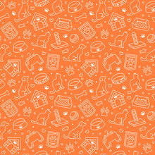Pet Shop Vector Seamless Pattern With Flat Line Icons Of Dog House, Cat Food, Food Bowl, Puppy Toys, Animal Paw. Orange White Color Background, Wallpaper For Veterinary Clinic