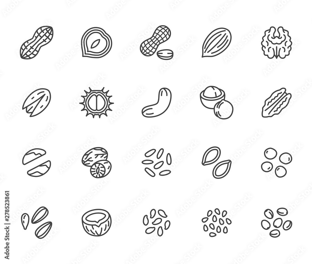 Nuts flat line icons set. Peanut, almond, chestnut, macadamia, cashew, pistachio, pine seeds vector illustrations. Outline signs for healthy food store. Pixel perfect 64x64. Editable Strokes - obrazy, fototapety, plakaty 
