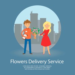 Fototapete - Flowers delivery service banner vector illustration. Smiling courier boy holding bouquet and order check list paperclip. Man character giving flowers ro receiver woman on city background.