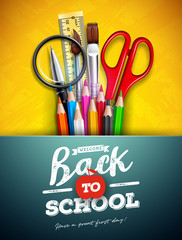 Back to school design with colorful pencil, magnifying glass, scissors, ruler and typography letter on yellow background. Vector illustration with education elements for greeting card, banner, flyer