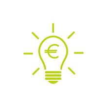 Green Bulb With Rays And Euro Sign Flat Icon. Isolated On White. Electric Light Price Icon.