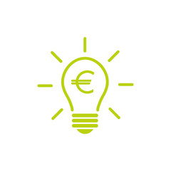 Green bulb with rays and euro sign flat icon. Isolated on white. Electric Light Price icon.