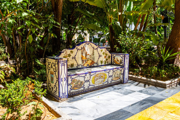 Alameda Park beautiful ceramic bench in Marbella, Province of Malaga, Andalusia, Spain