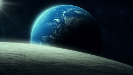 Wall Mural - planet rising over horizon in space, digital illustration
