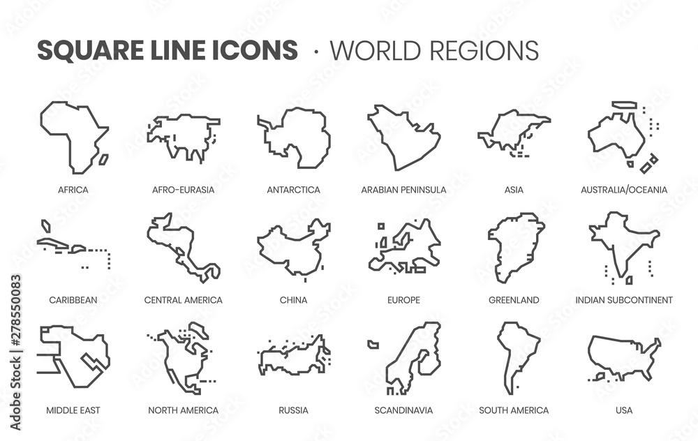 World Regions related, square line vector icon set for applications and website development. The icon set is pixelperfect with 64x64 grid. Crafted with precision and eye for quality. - obrazy, fototapety, plakaty 