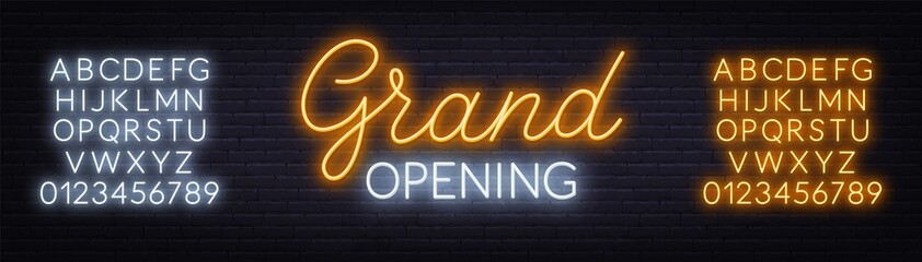 Grand opening neon sign on dark background. Poster,banner for the opening ceremony. Neon alphabet. Template for design.