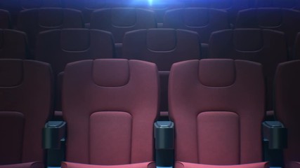 Wall Mural - Moving Along Empty Cinema Chairs with the Back Light Seamless. Looped 3d Animation of Rows of Red Seats in Cinema Hall. Art and Media Concept. 4k Ultra HD 3840x2160.