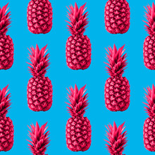 Seamless Pattern With Pineapple Many Natural Pink Pineapples On A Bright Light Blue Background Zine Style