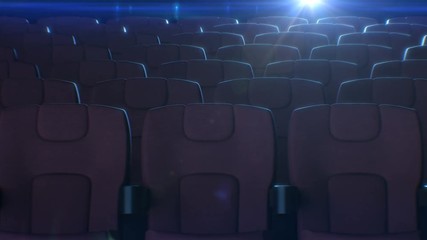 Wall Mural - Rows of Red Chairs in Cinema Hall with Flashing Movie Projector Light at the Background. 3d Animation of Red Seats in Cinema. Art and Media Concept. 4k Ultra HD 3840x2160.