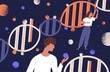 DNA molecules, man and women holding genes. Concept of scientific research in ancestry genetics, genomics, genome mutations, heredity or biological inheritance. Flat cartoon vector illustration.