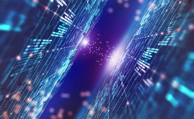 Fototapete - Digital city of future. Global Cyberspace. 3D illustration of wireless internet technologies. Database protection and secure transmission of information on blockchain network