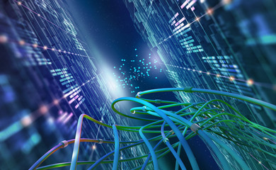 Aufkleber - Abstract concept of quantum computer. Virtual database in cyberspace global network. 3D illustration of urban nano technology in future society