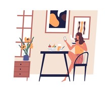 Cute Girl Sitting At Table, Using Smartphone And Drinking Coffee. Young Happy Woman Dining At Home. Funny Lady Having Lunch. Daily Activity, Everyday Life. Vector Illustration In Flat Cartoon Style.