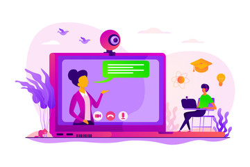 Sticker - E-learning course. Virtual lecturer modern education technology. Online tutor, on-demand homework help, English teacher online concept. Vector isolated concept creative illustration