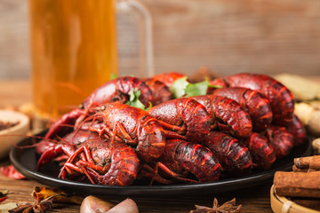 Sticker - Boiled crayfish with beer on wooden background