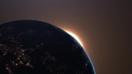 Wall Mural - Beautiful sunrise world skyline. Planet earth from space. Planet earth rotating animation. Clip contains space, planet, galaxy, stars, cosmos, sea, earth, sunset, globe. 4k 3D Render. Images from NASA