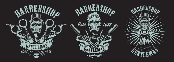 Vector of illustrations in vintage style for a barber shop with skulls