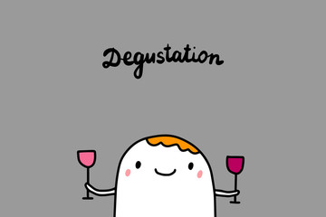 Degustation hand drawn vector illustration in cartoon style. Cute cartoon man holding two glasses of wine