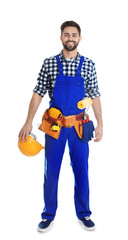 Wall Mural - Full length portrait of construction worker with tool belt on white background